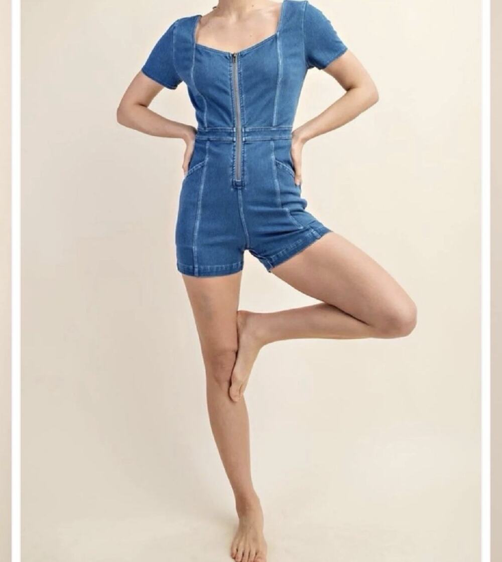 Rae Mode Super Stretch Denim Romper Women’s S Medium Wash Blue
